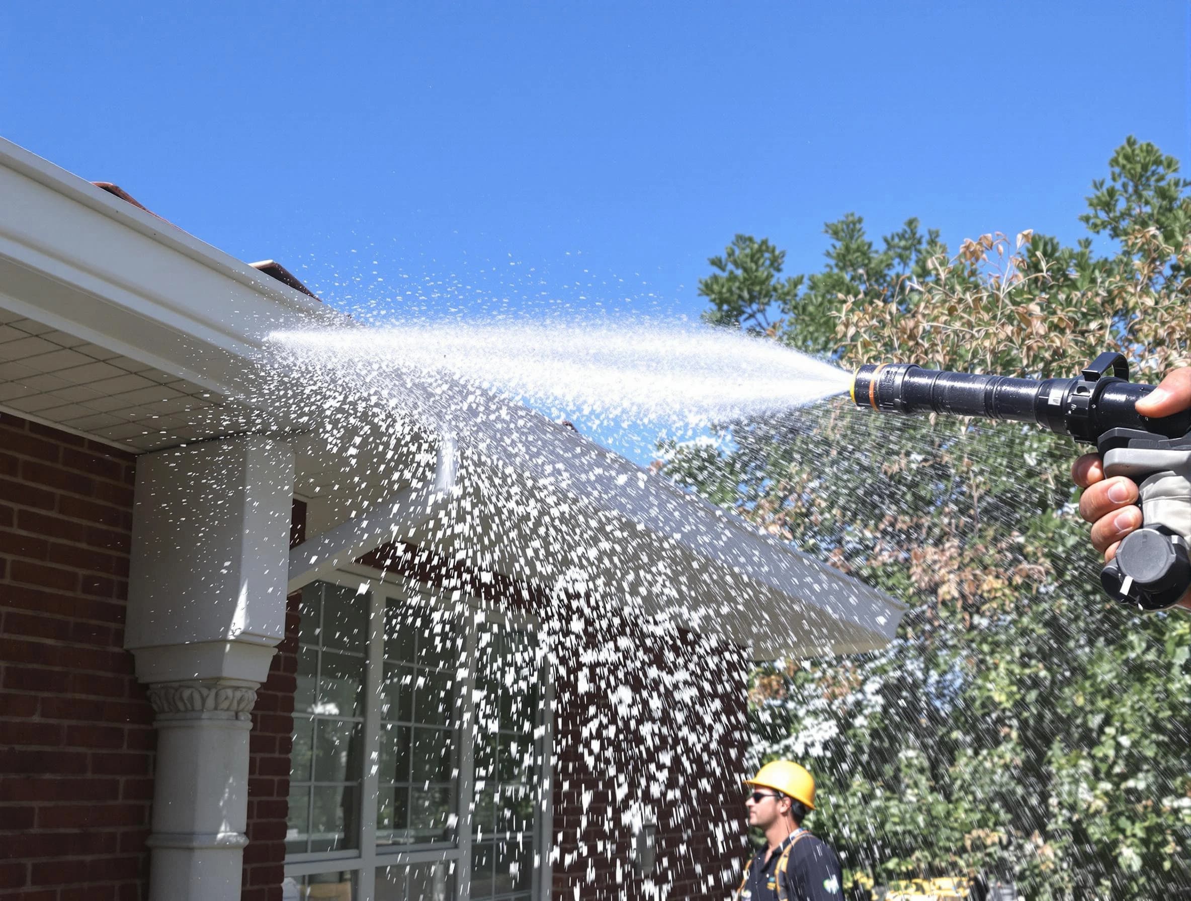 Cleared downspout by New Franklin Roofing Company ensuring unrestricted flow in New Franklin, OH