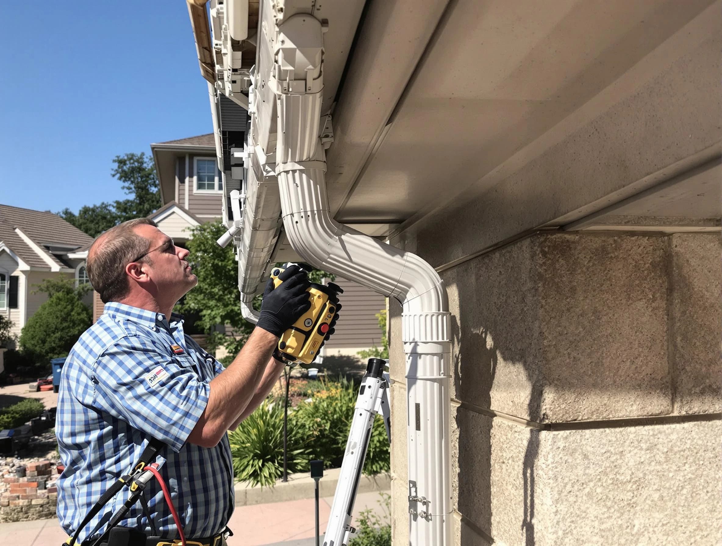 Close-up of a restored downspout system by New Franklin Roofing Company in New Franklin, OH