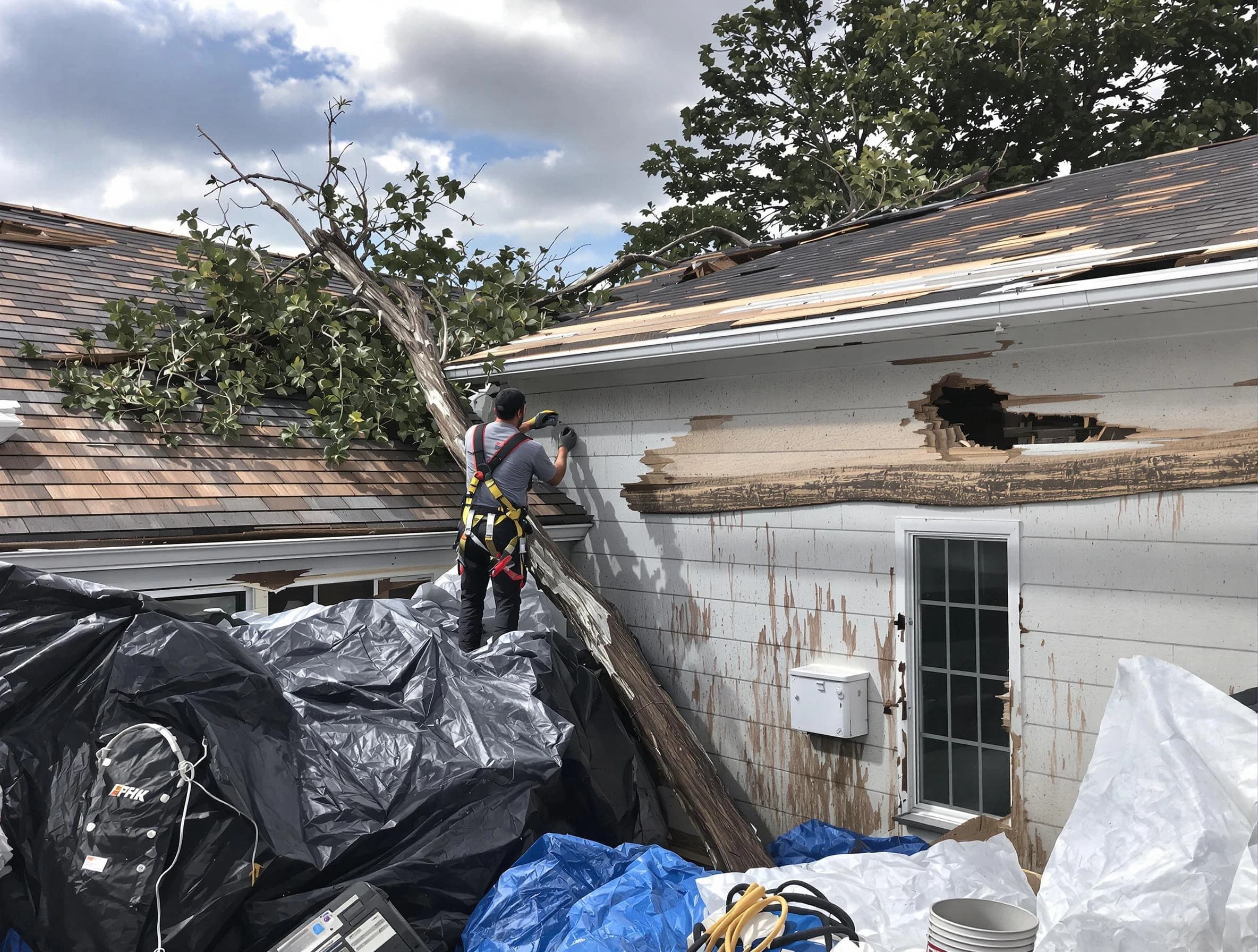 New Franklin Roofing Company technicians handling urgent roof damage in New Franklin, OH