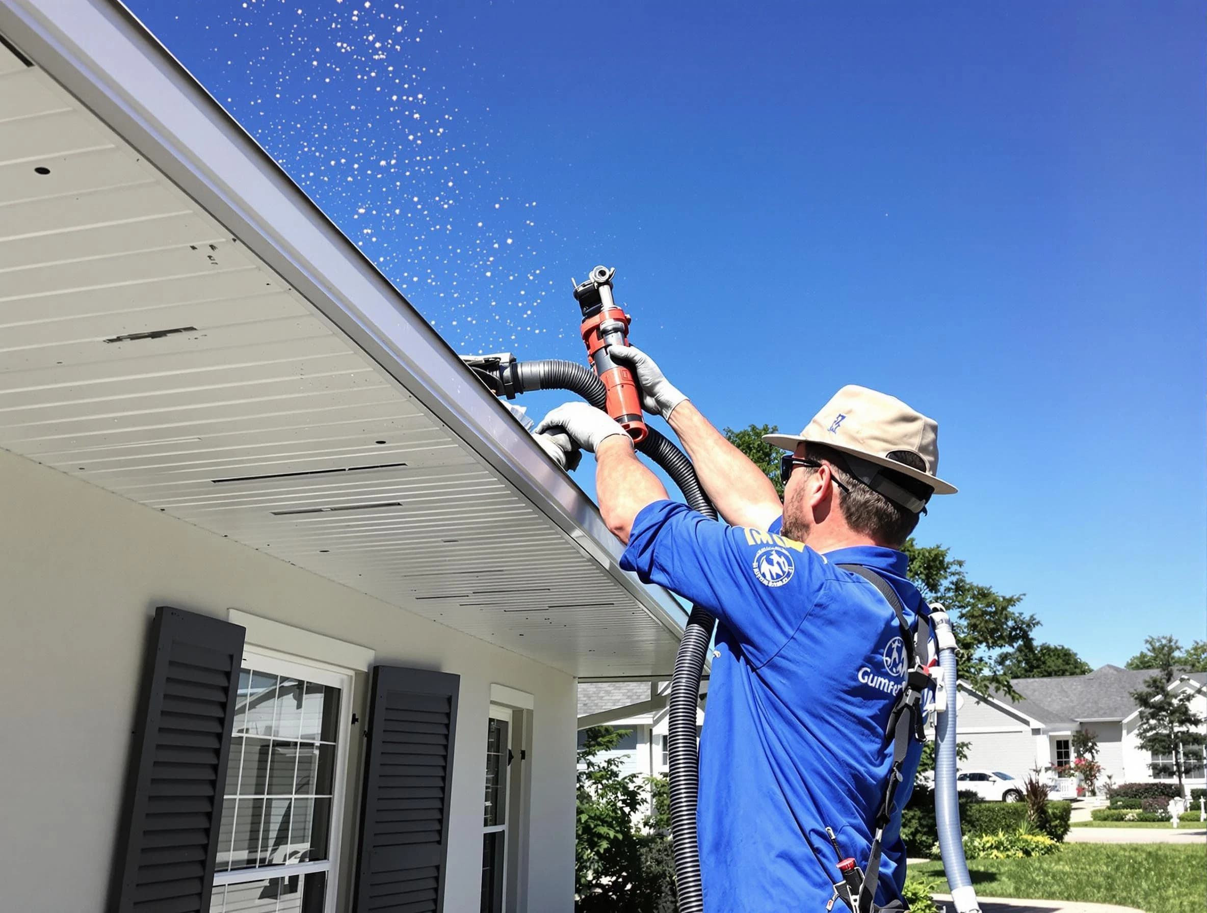 Technician completing a gutter cleaning project by New Franklin Roofing Company in New Franklin, OH