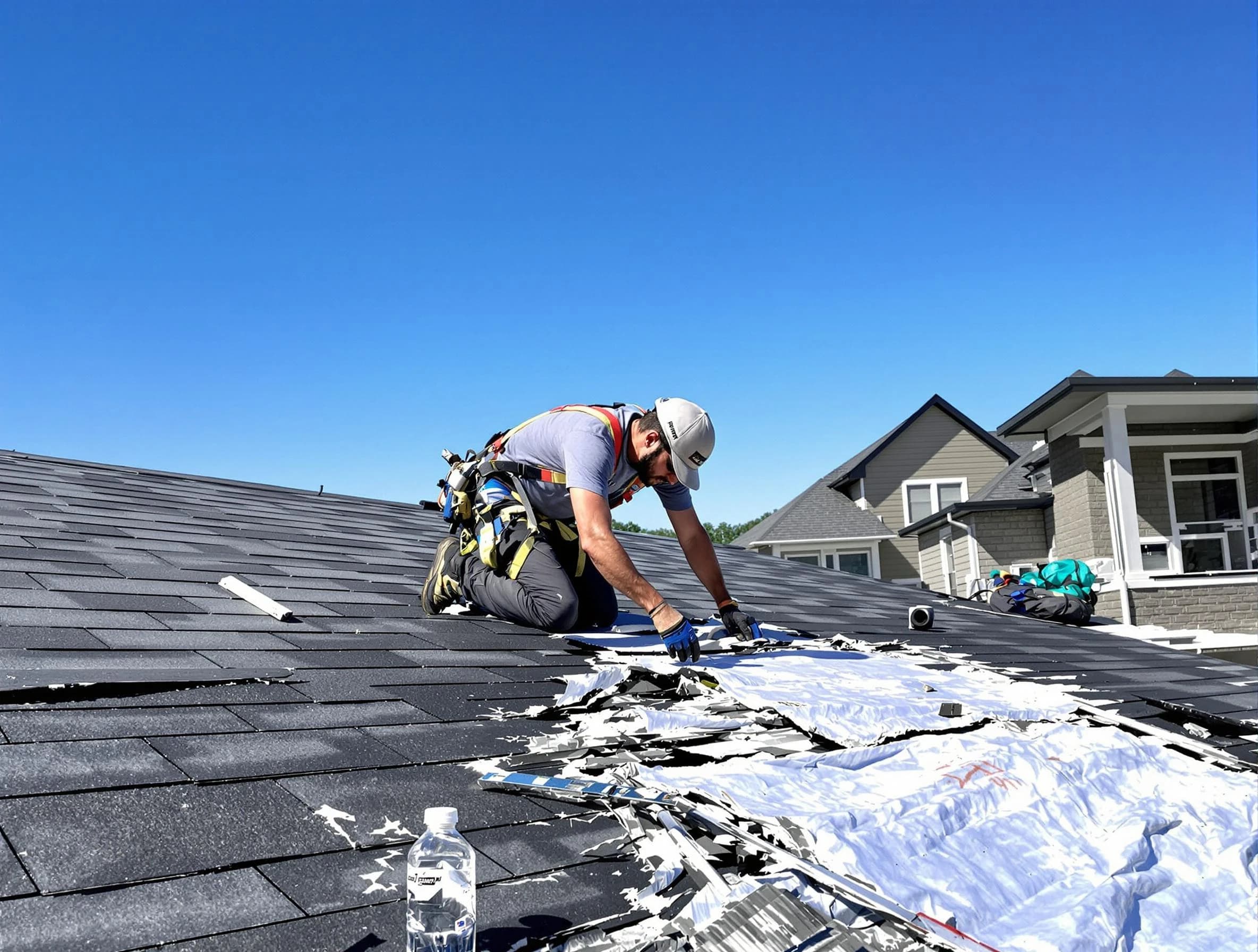 New Franklin Roofing Company repairing a roof section in New Franklin, OH