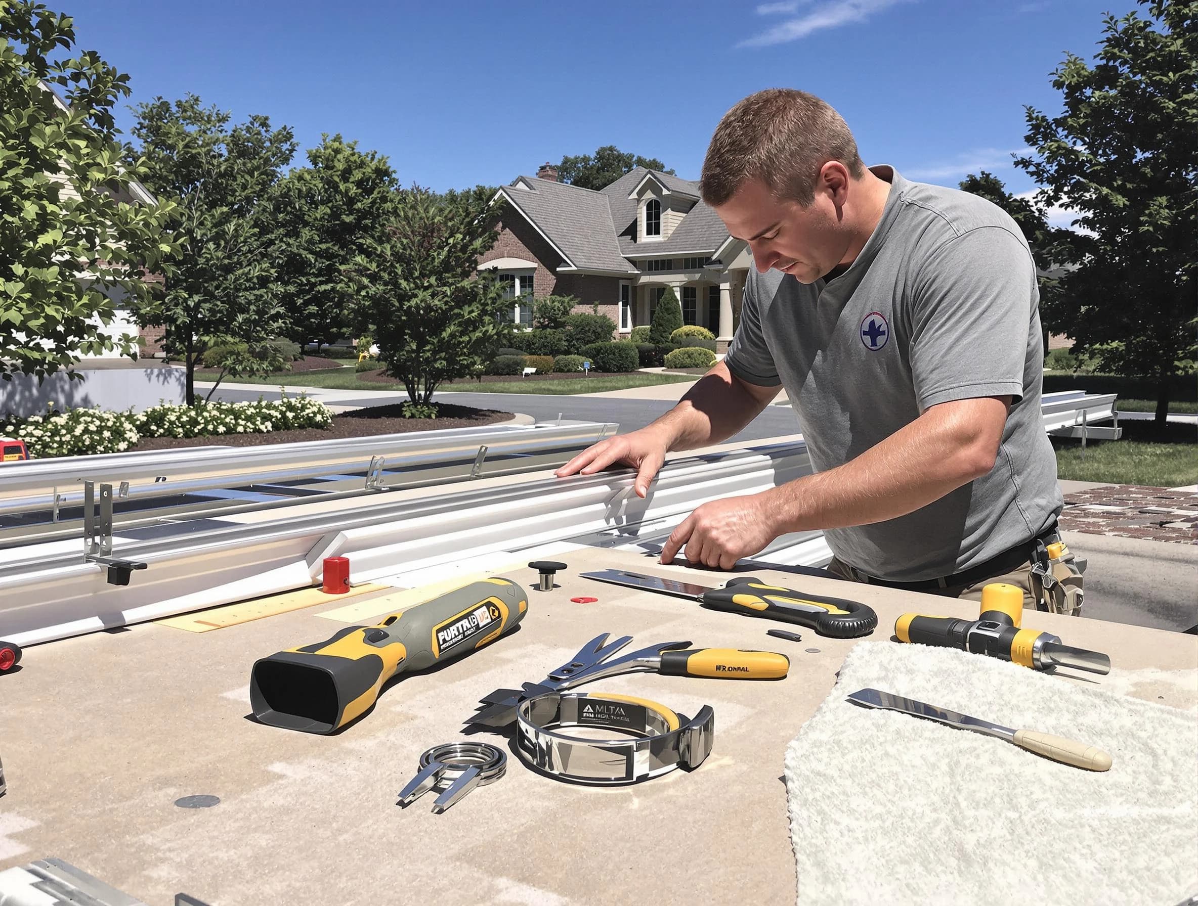 Freshly installed seamless gutter by New Franklin Roofing Company in New Franklin, OH