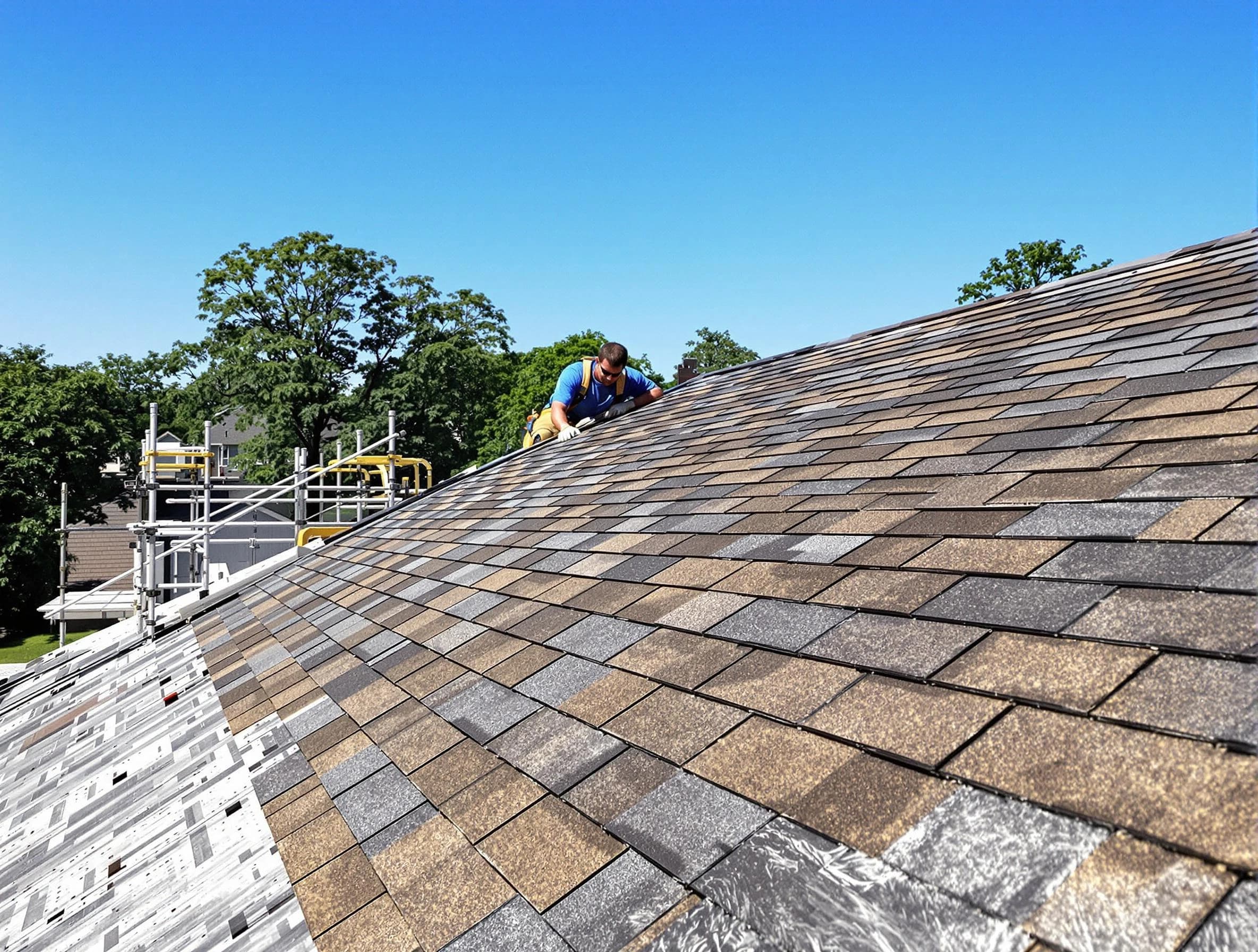 Close-up of new shingles installed by New Franklin Roofing Company in New Franklin, OH